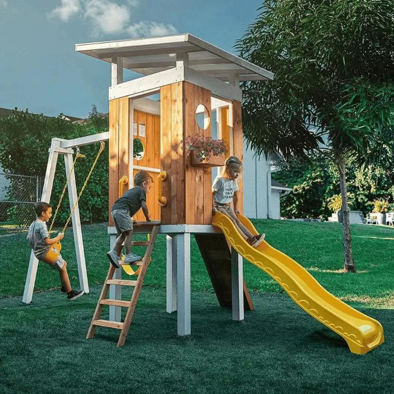 3 children playing on the  Avenlur Forest Playset.